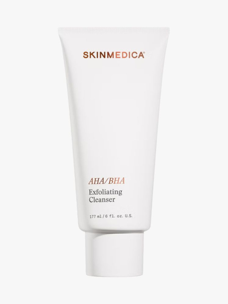 SkinMedica AHA/BHA Exfoliating Cleanser in branded tube component on a light gray background