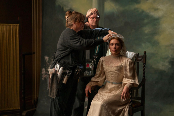 Actress Florence Pugh surrounded by makeup artist Heba Thorisdottir and hairstylist Jaime Leigh McIntosh as they prep...