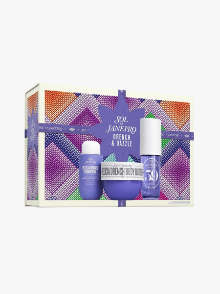Sol de Janeiro Delicia Drench Vanilla Moisturizing Body Routine Gift Set in branded component on al ight gray background