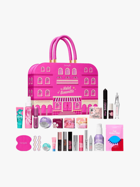 Benefit Cosmetics The Hotel Beneville in multiple branded components on a light gray background